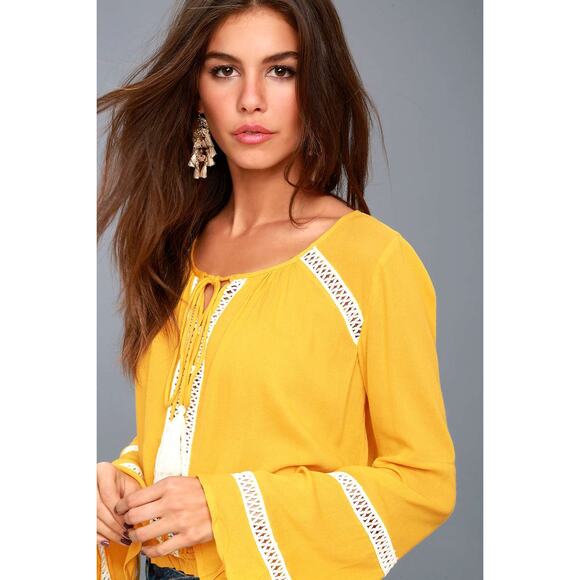 Lulus Embroidered‎ Crop Top Yellow Boho Blouse Size Small - Picture 2 of 9